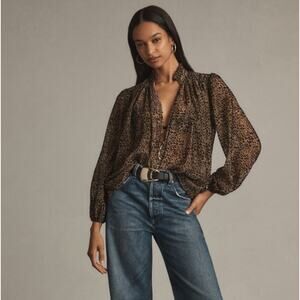 NWT ANTHROPOLOGIE 'Estela' Leopard Animal Print Blouse MSRP $128 | PETITE Medium